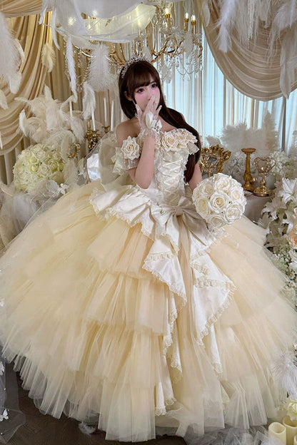 Apricot [Heart’s Beloved Rose] Sleeveless Ruffled Hanayome Bow Lace Lace-Up Sweet Lolita Jsk long Dress
