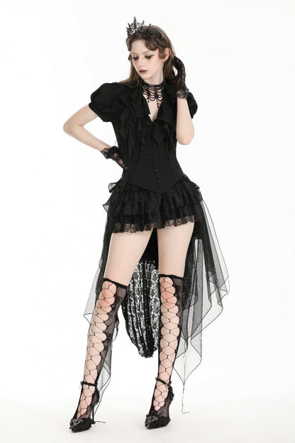 Black Multi-Layered Deep V Collar Pleated Short Puff Sleeves Lace-Up Gothic Blouse