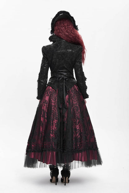 Black Lapel Collar Long Trumpet Sleeves Ruffle Lace-Up Zipper Women's Gothic Jacket