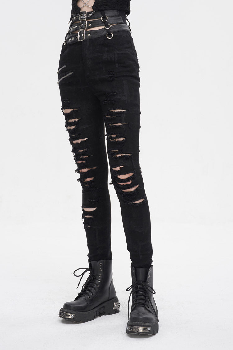 Black High Waisted Loophole Ripped Buckle Women's Punk Pants