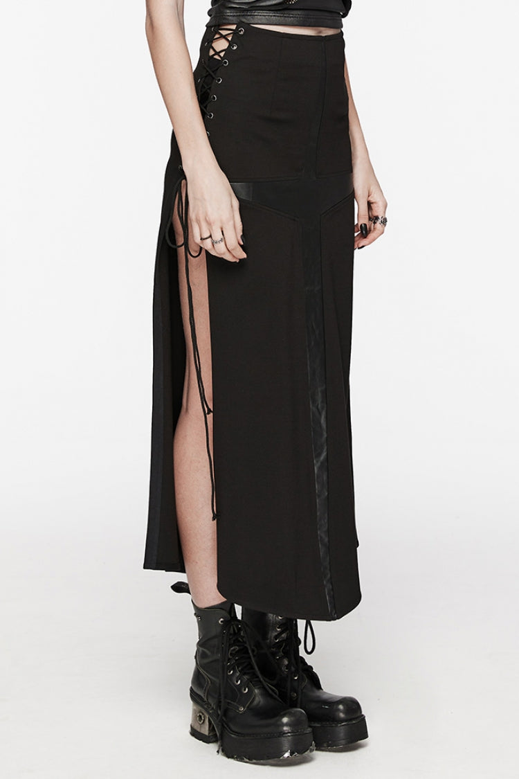 Black Cross Print Stitching Lace-Up Women's Steampunk Skirt
