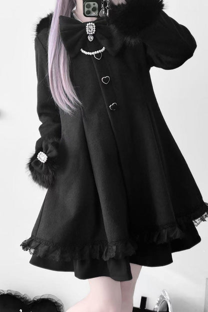 Black Long Sleeves Bowknot Rabbit Ears Detachable Hooded Japanese Jirai Kei Coat