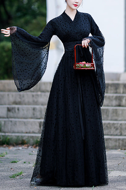 Black Costume Polka Dot Print Classic Hanfu Dress