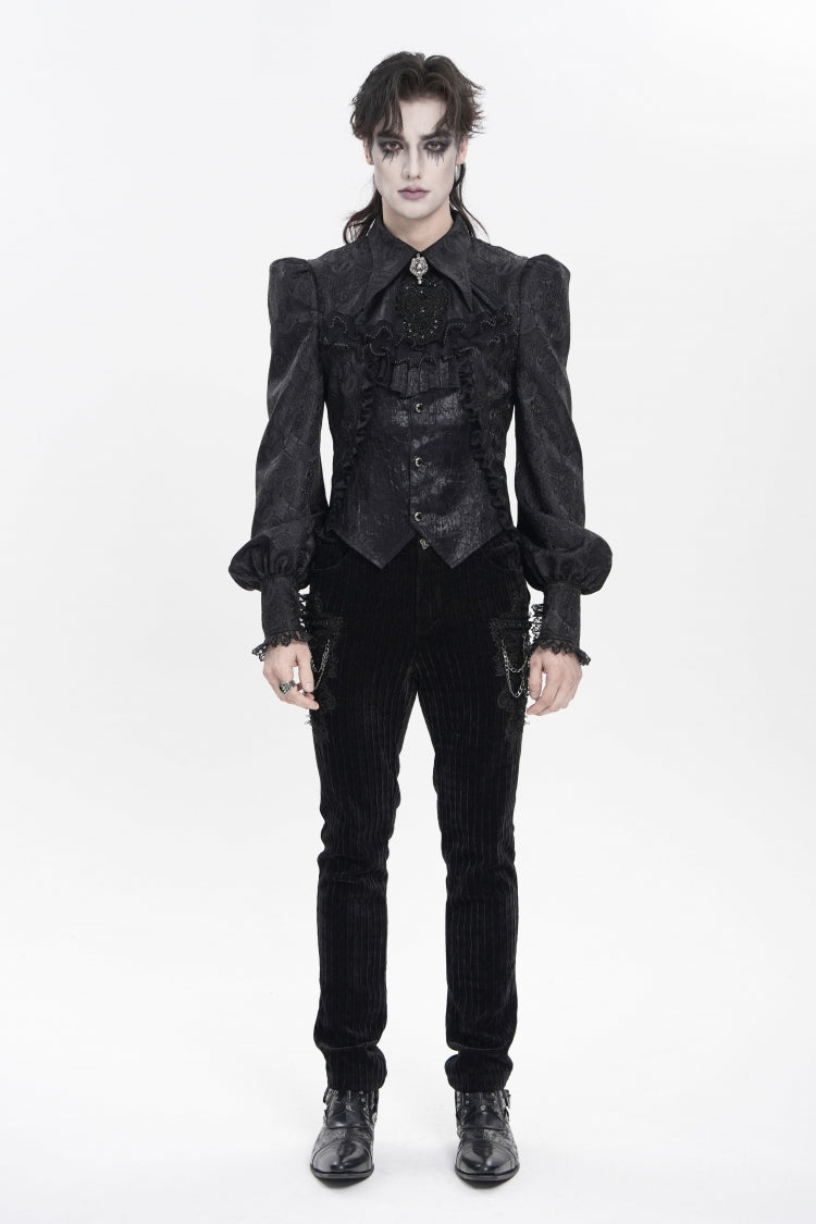 Black Lapel Collar Long Lantern Sleeves Jacquard Embroidered Lace Men's Gothic Palace Swallow-tailed Shirt with Necktie