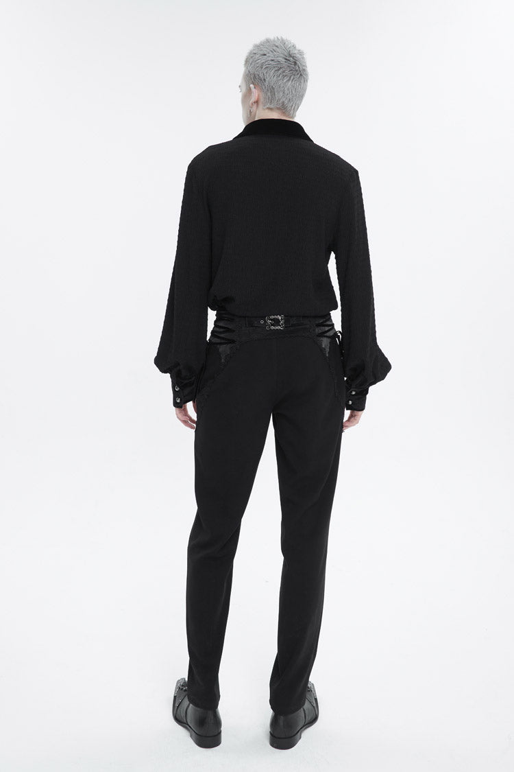 Black Embroidered Chest With Drawstring Strappy Puff Sleeved Men's Gothic Shirt