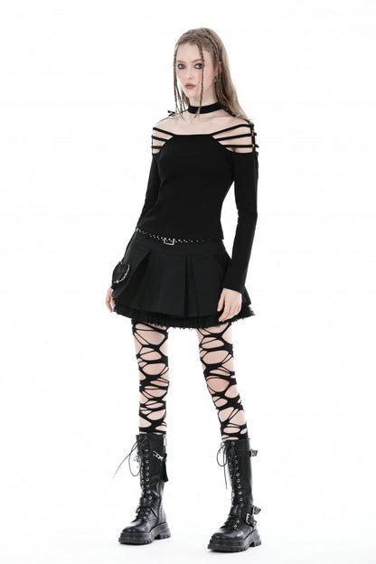 Black Off Shoulder Long Sleeves Cut-Out Buckled Women's Punk Blouse