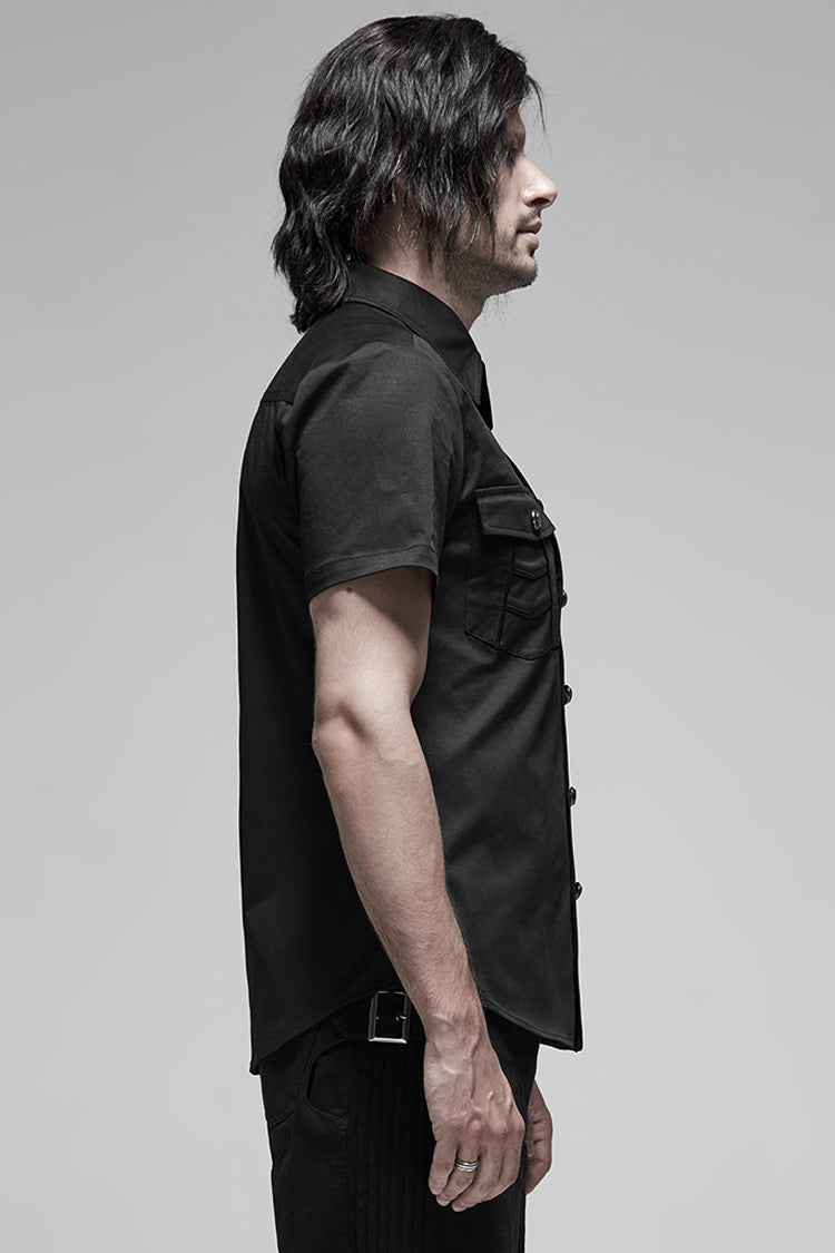 Black Lapel Collar Short Sleeves Men's Punk Blouse