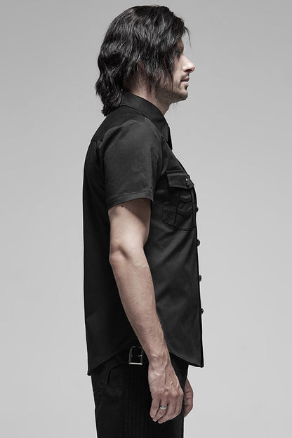Black Lapel Collar Short Sleeves Men's Punk Blouse