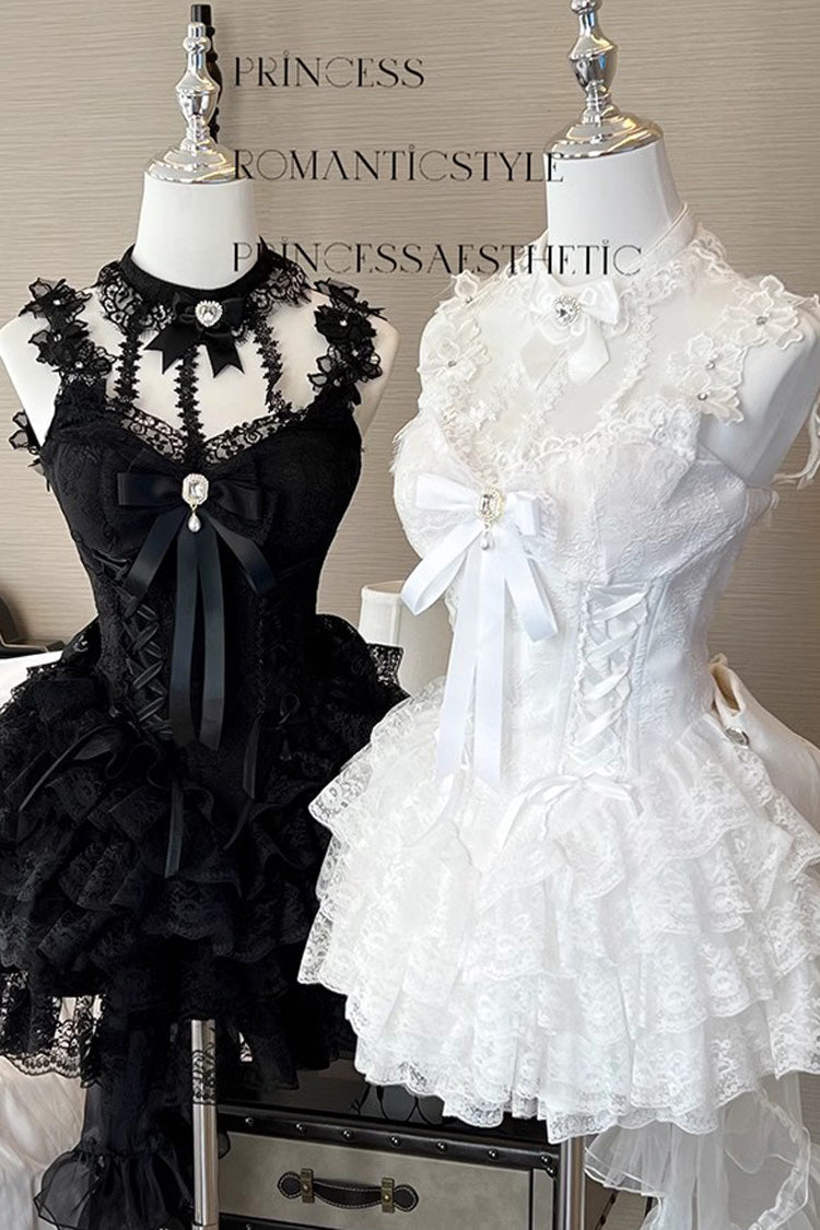 Black Multi-layer Ruffle Hanayome Bowknot Lace Gothic Mini Lolita Skirt Dress