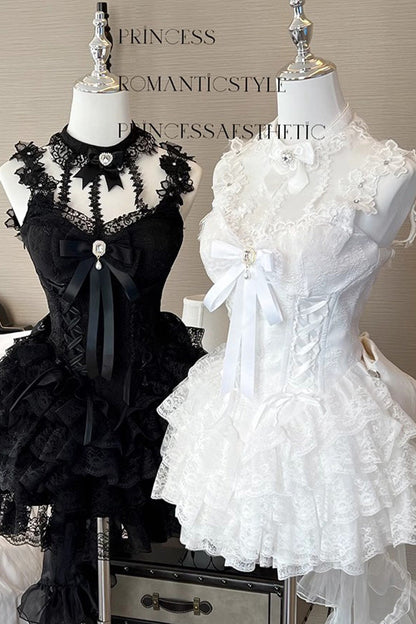 Black Multi-layer Ruffle Hanayome Bowknot Lace Gothic Mini Lolita Skirt Dress