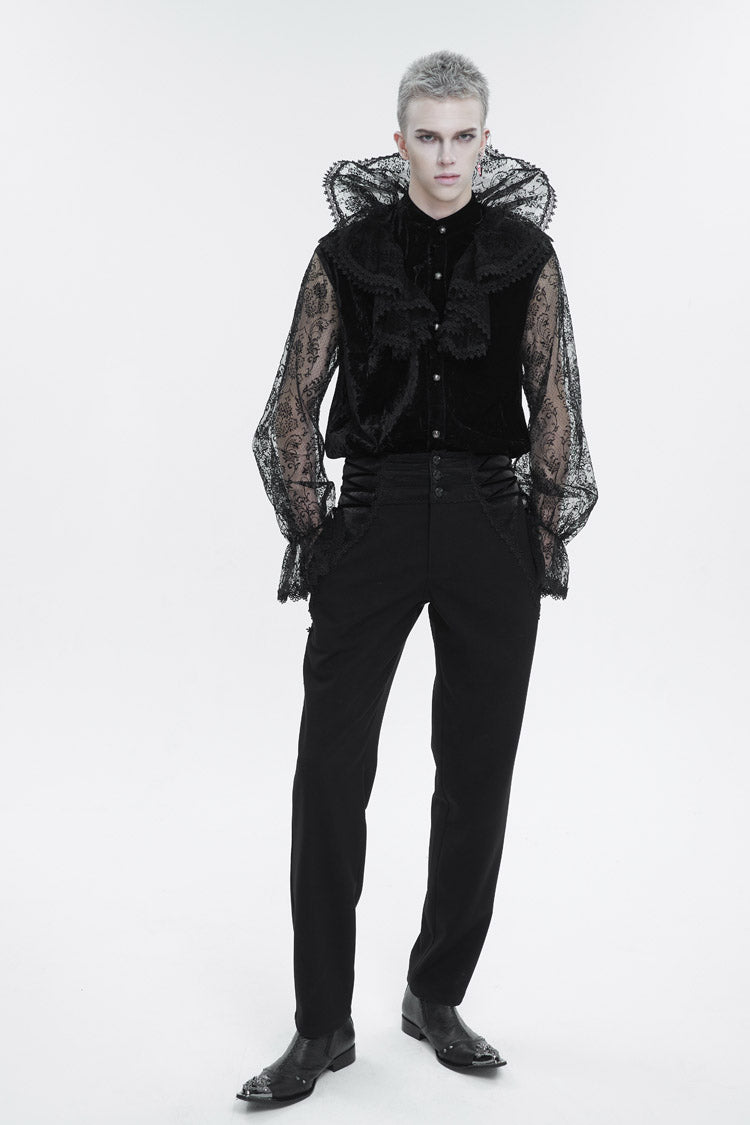 Black Lotus Leaf Stand Collar Semitransparent Lace Long Sleeved Men's Gothic Shirt