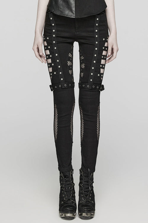 Black Mesh Women's Punk Cutout Eyelet Jeans