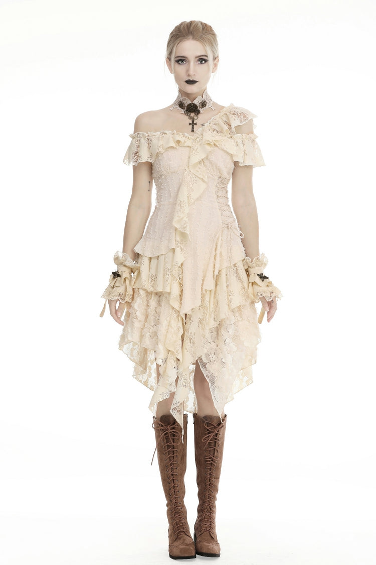 Beige Irregular Multi-Layered Ruffled Lace Women's Steampunk Vintage Dress