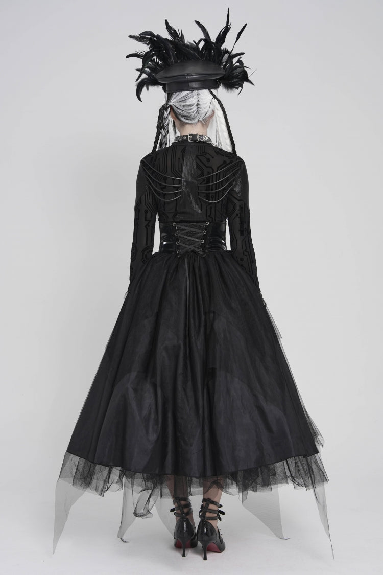 Black Multi-Layered Lace-Up Slim Irregular Asymmetric Eyelet Women's Gothic Long  Skirt