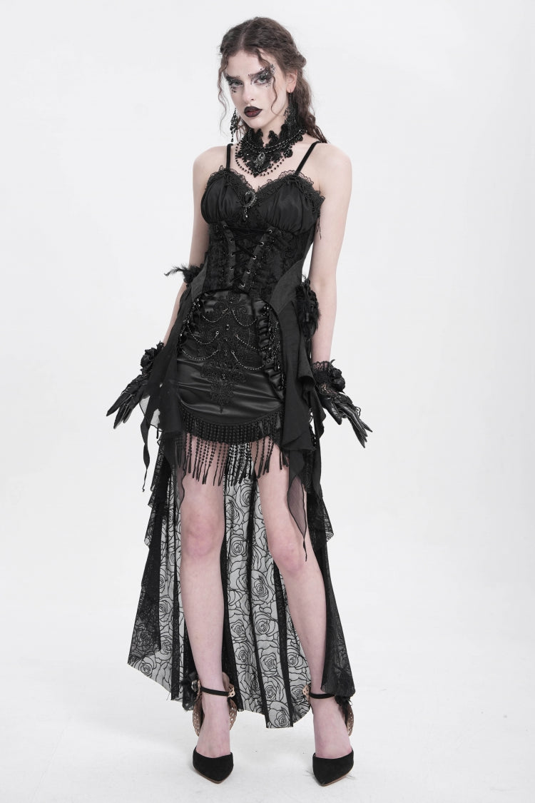 Black Embroidery Stitching Lace Mesh Women's Gothic Skirt With Train