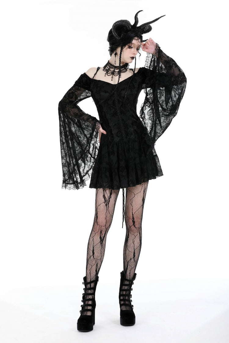 Black Off Shoulder Long Trumpet Sleeves Velvet Spliced Mesh Women's Gothic Graduation Dress