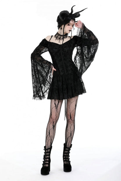 Black Off Shoulder Long Trumpet Sleeves Velvet Spliced Mesh Women's Gothic Graduation Dress