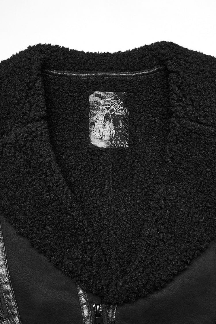 Black Plush Lapel Collar Sleeveless Asymmetric Zipper Men's Gothic Jacket