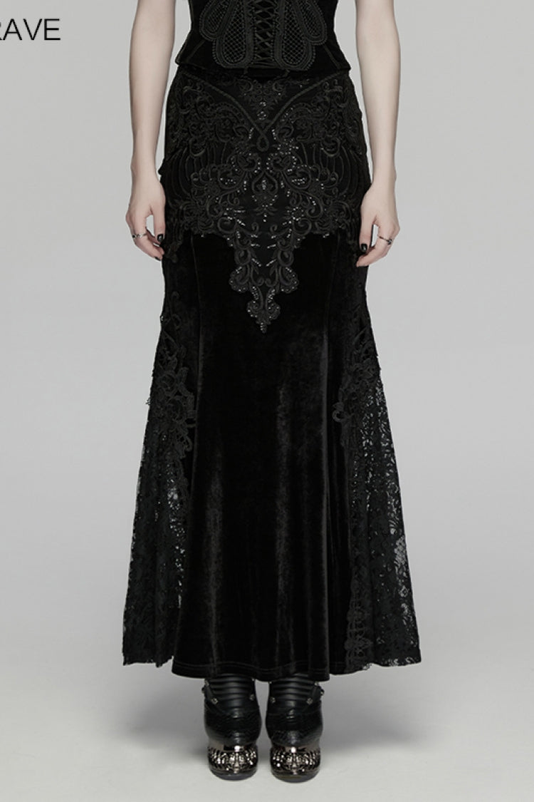 Black Cut-Out Embroidered Lace Slim Fishbone Women's Gothic Elegant Gorgeous Skirt