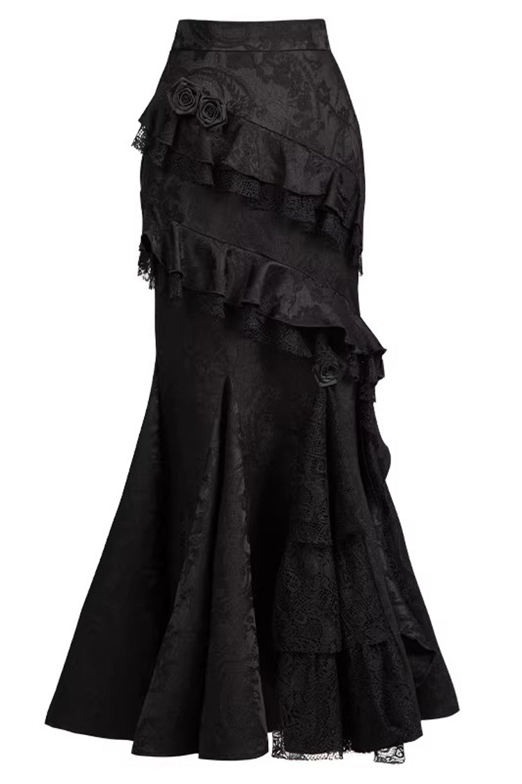 Black  [Letters & Poems · Twilight] Multi-Layered Jacquard Ruffled Witch Gothic Lolita Skirt 2 Versions