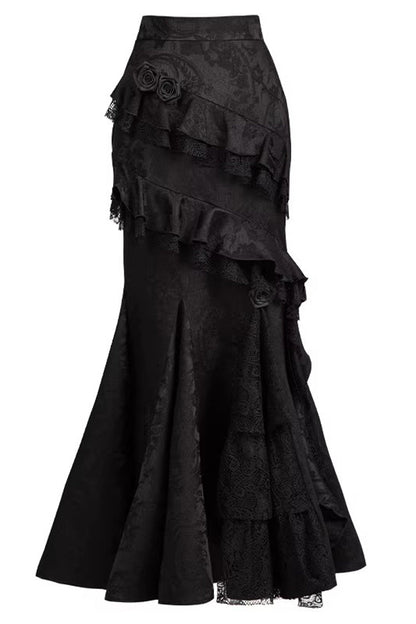 Black  [Letters & Poems · Twilight] Multi-Layered Jacquard Ruffled Witch Gothic Lolita Skirt 2 Versions