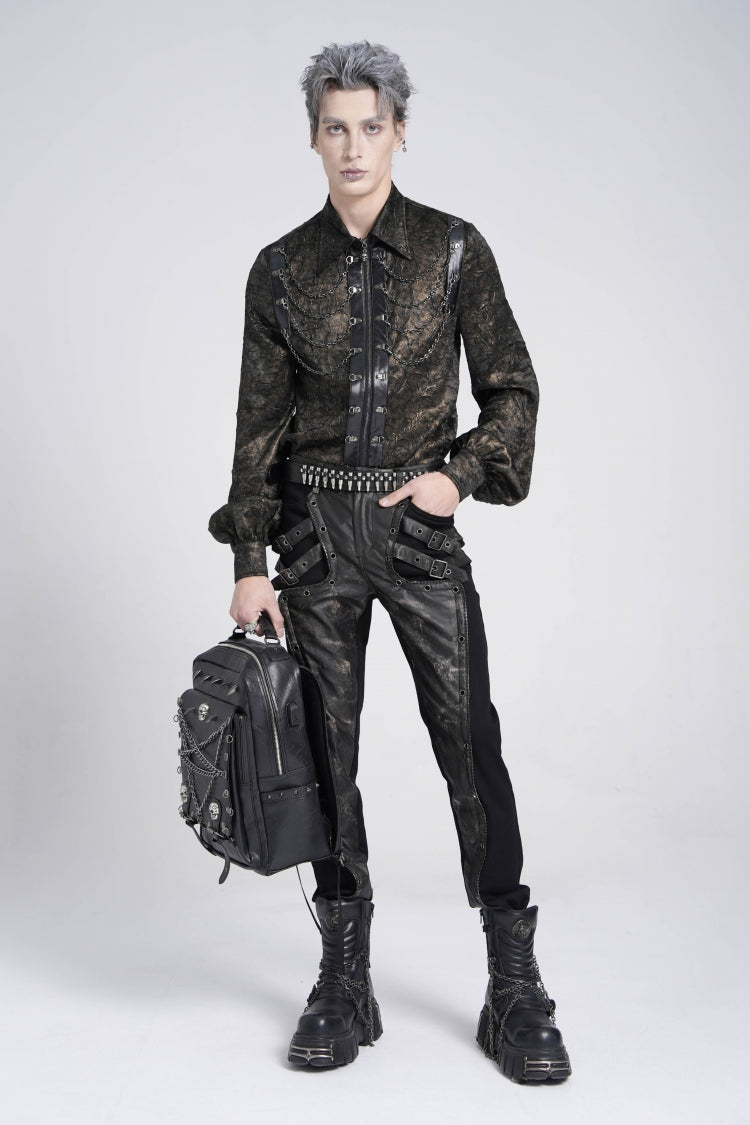 Black Lapel Collar Long Puff Sleeves Faux Leather Stitching Men's Gothic Blouse with Chain