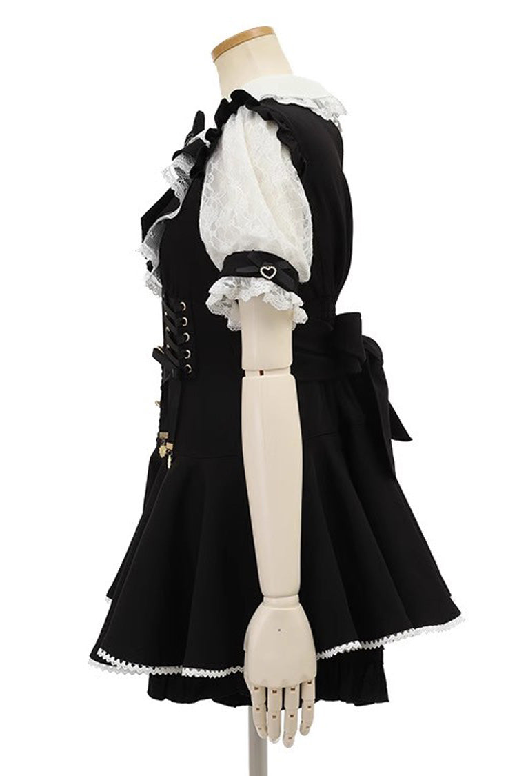 Black Japanese Diamond Buckle Heart Bow Lace Sweet Jirai Kei Dress Fake Two-piece Set