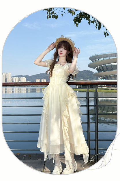 Apricot [Moonlight Beach] Square Collar Short Sleeves Ruffle Sweet Lolita Dress