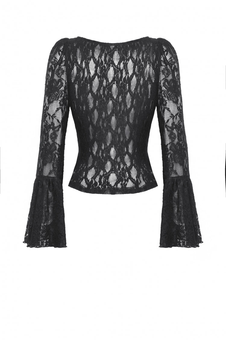 Black Deep V Collar Long Trumpet Sleeves Lace Lace-Up Women's Gothic Corset Top