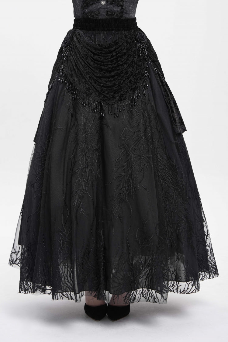 Black Floral Embroidered Beaded Women's Gothic Long Skirt
