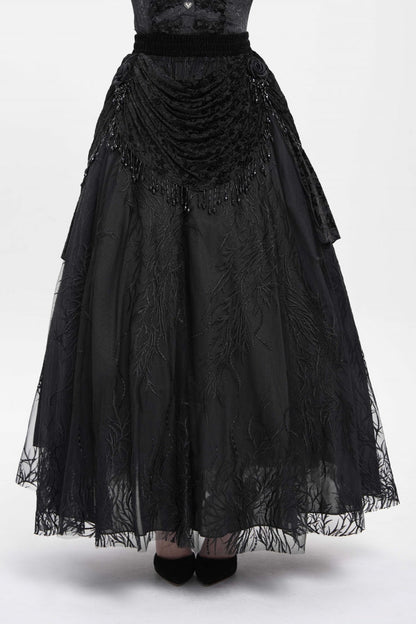 Black Floral Embroidered Beaded Women's Gothic Long Skirt