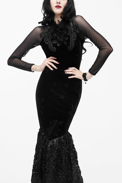 Black High Collar Front Chest Rose Decals Mesh Long Sleeve Rose Embossed Velvet Women's Gothic T-Shirt