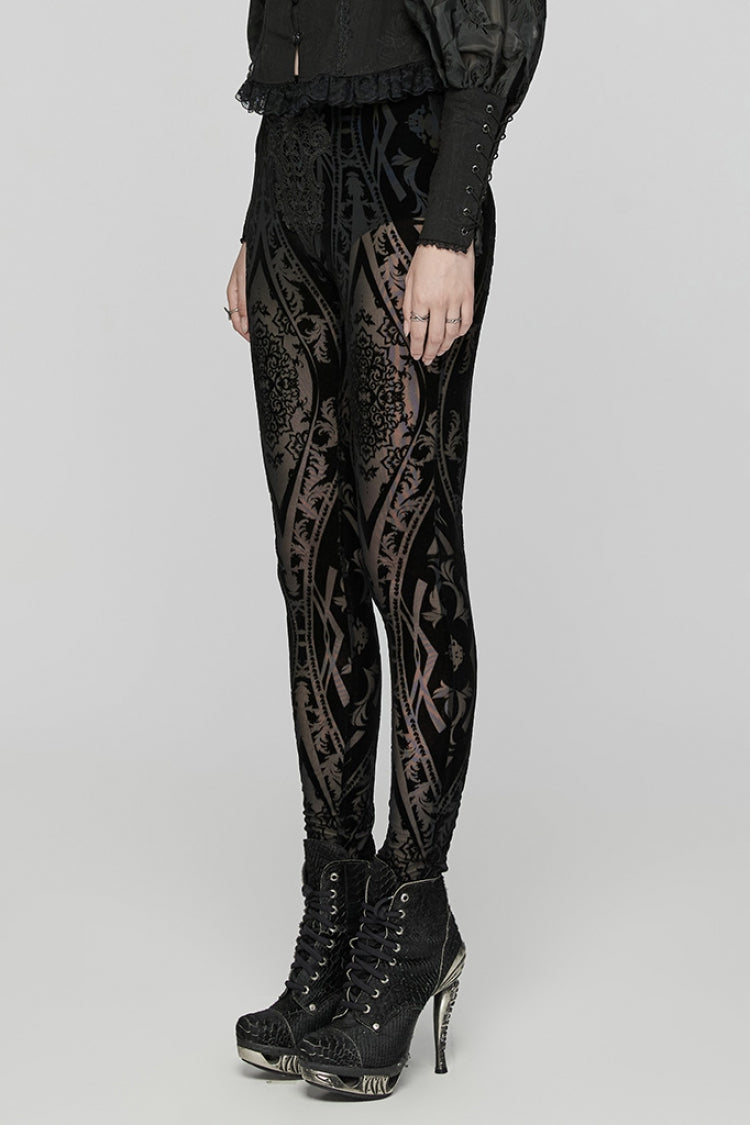 Black Floral Embroidery Mesh Women's Gothic Leggings
