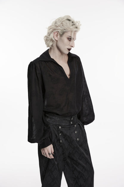 Black Lapel Collar Long Lantern Sleeves Printed Embroidered Men's Gothic Shirt