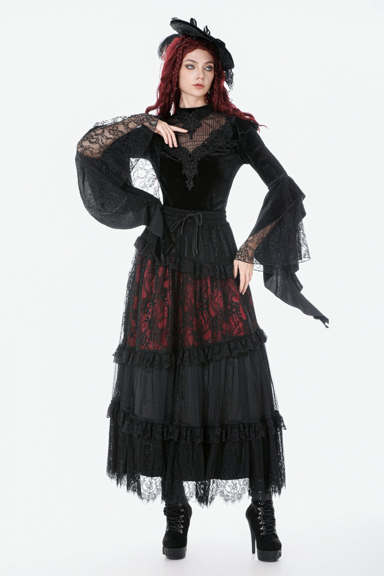 Black Multi-Layered Long Flare Sleeves Embroidered Sheer Mesh Splice Velvet Women's Gothic Top