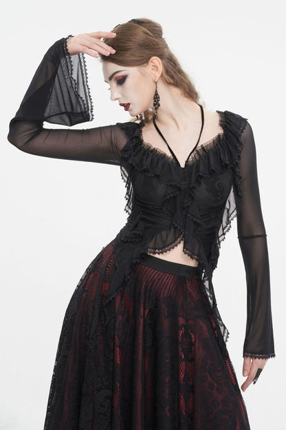 Black Lace Up Ruffled Trumpet Sleeves Mesh Women's Gothic Shirt