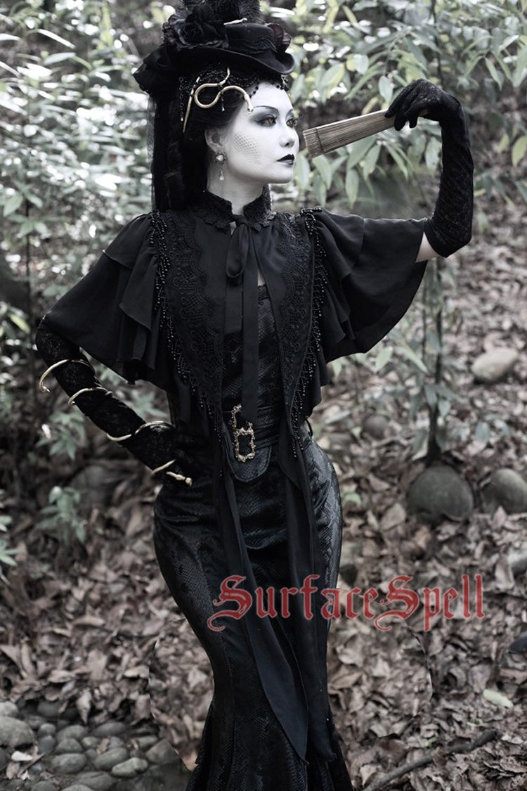Black Faux Leather Snake Print Flared Fishbone Mermaid Gothic Lolita Skirt