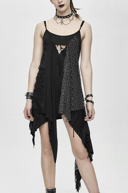 Black Asymmetrical Punk Torn Broken Holes Knitted Womens Slip Dress