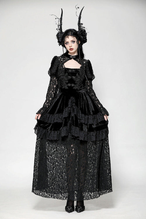 Black Long Puff Sleeves Cut-Out Lace Spliced Velvet Lace-Up Women's Gothic Princess Evening Dress