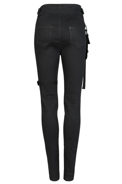 Black Functional Tooling Style Pocket Belt Trim V-Shaped Split Zipper Women's Punk Trousers