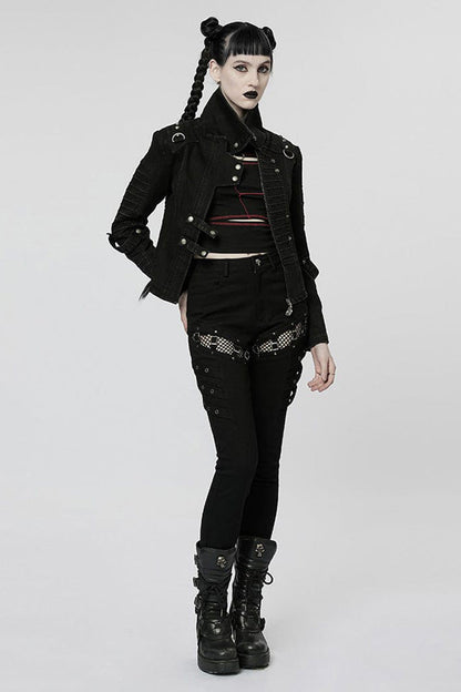 Black Denim Slant Pocket Washed Distressed Stretch Women's Punk Jacket