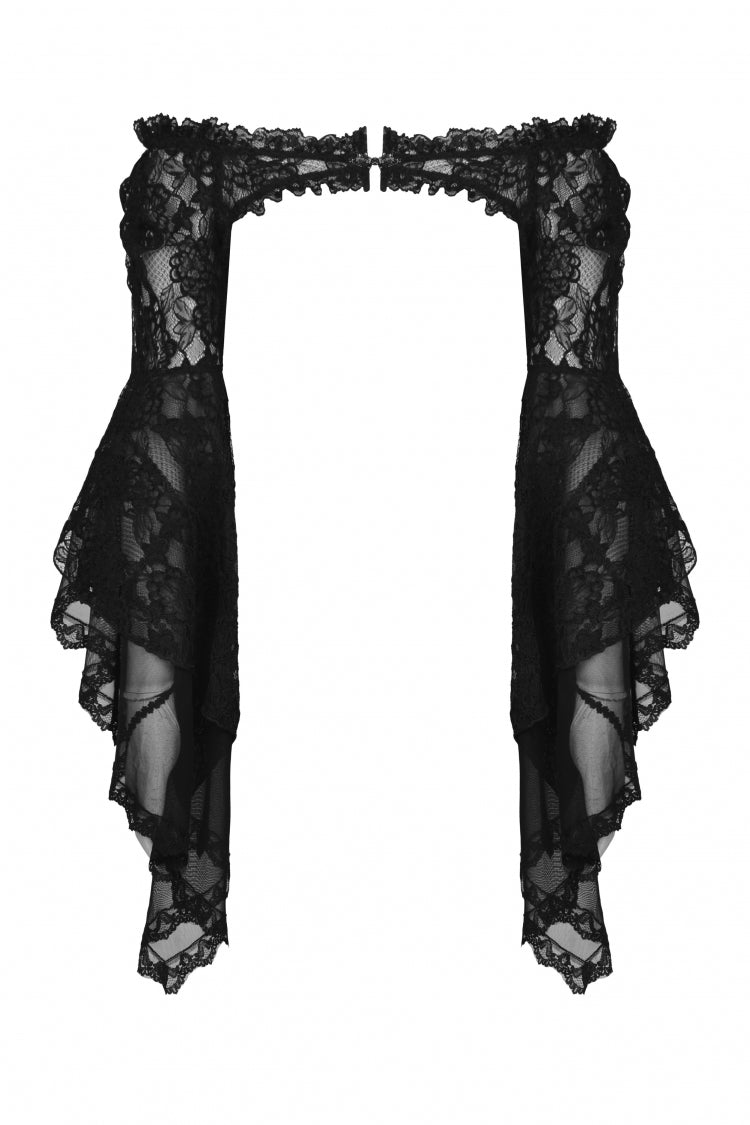 Black Off Shoulder Lace Long Trumpet Sleeves Floral Mesh Women's Gothic Cape