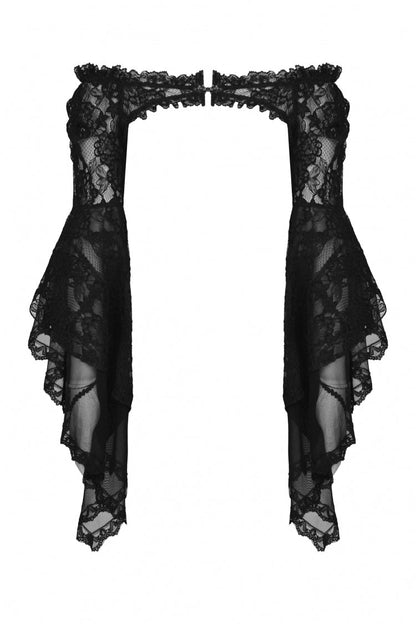 Black Off Shoulder Lace Long Trumpet Sleeves Floral Mesh Women's Gothic Cape