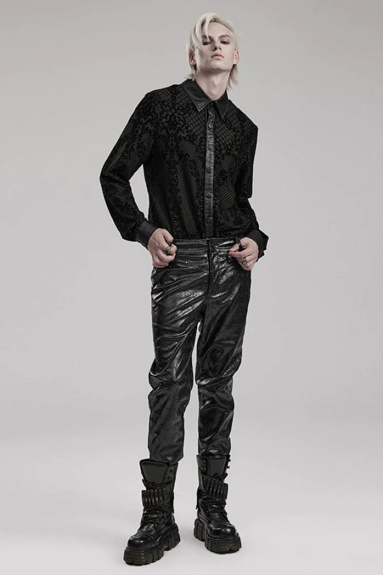 Black Floral Print Faux Leather Stitching Skull Button Decorated Mens Gothic Blouse