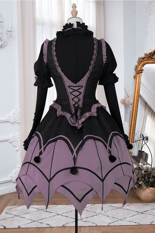 Black / Purple Round Collar Ruffled Long Sleeves Waist Irregular Hem Imp Sweet Lolita OP Dress Full Set
