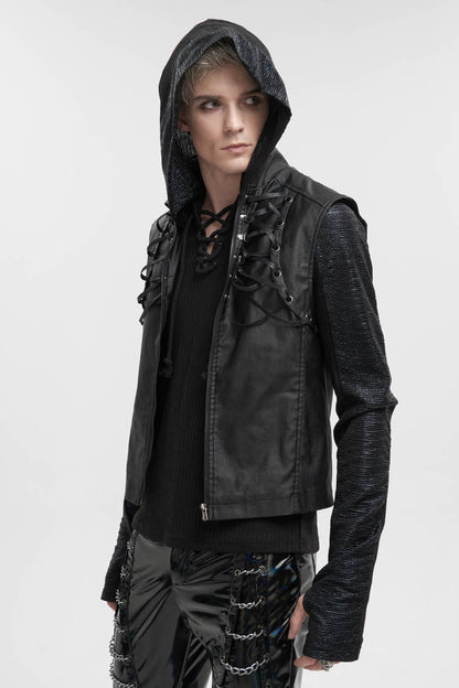 Black Front And Rear String Micro Stretch Cotton Stand Collar Men's Punk Vest