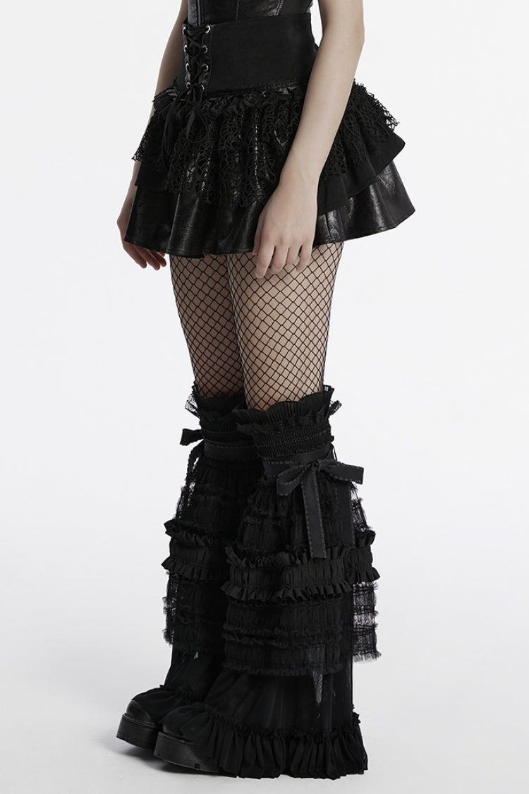 Black Multi-Layered Stitching Lace-Up Mesh Women's Punk Skirt
