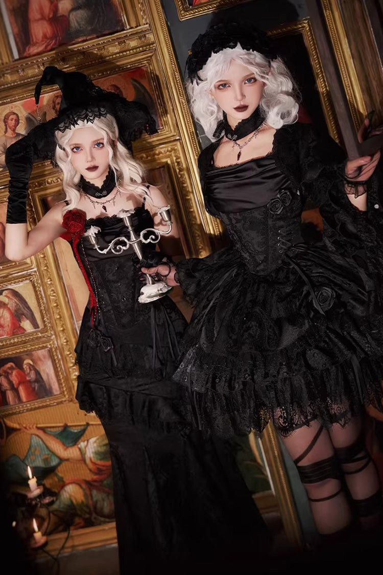 Black  [Letters & Poems · Twilight] Multi-Layered Jacquard Ruffled Witch Gothic Lolita Skirt 2 Versions