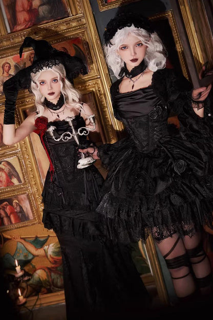 Black  [Letters & Poems · Twilight] Multi-Layered Jacquard Ruffled Witch Gothic Lolita Skirt 2 Versions