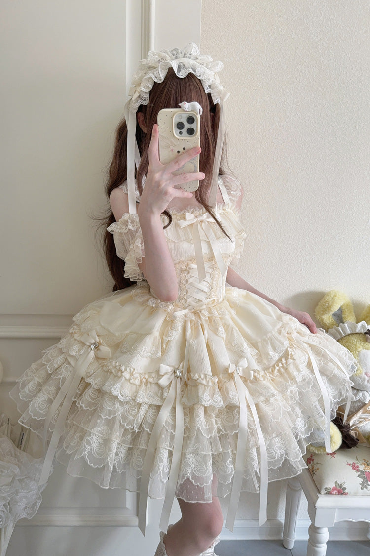 Apricot [Ribbon Heart Love] Sleeveless Multi-Layered Ruffle Bowknot Lace Lace-Up Sweet Princess Ballet Lolita Jsk Dress